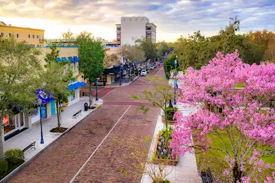 Aerial view of Park Avenue downtown Winter Park FL — area served daily by Dumpster Strong